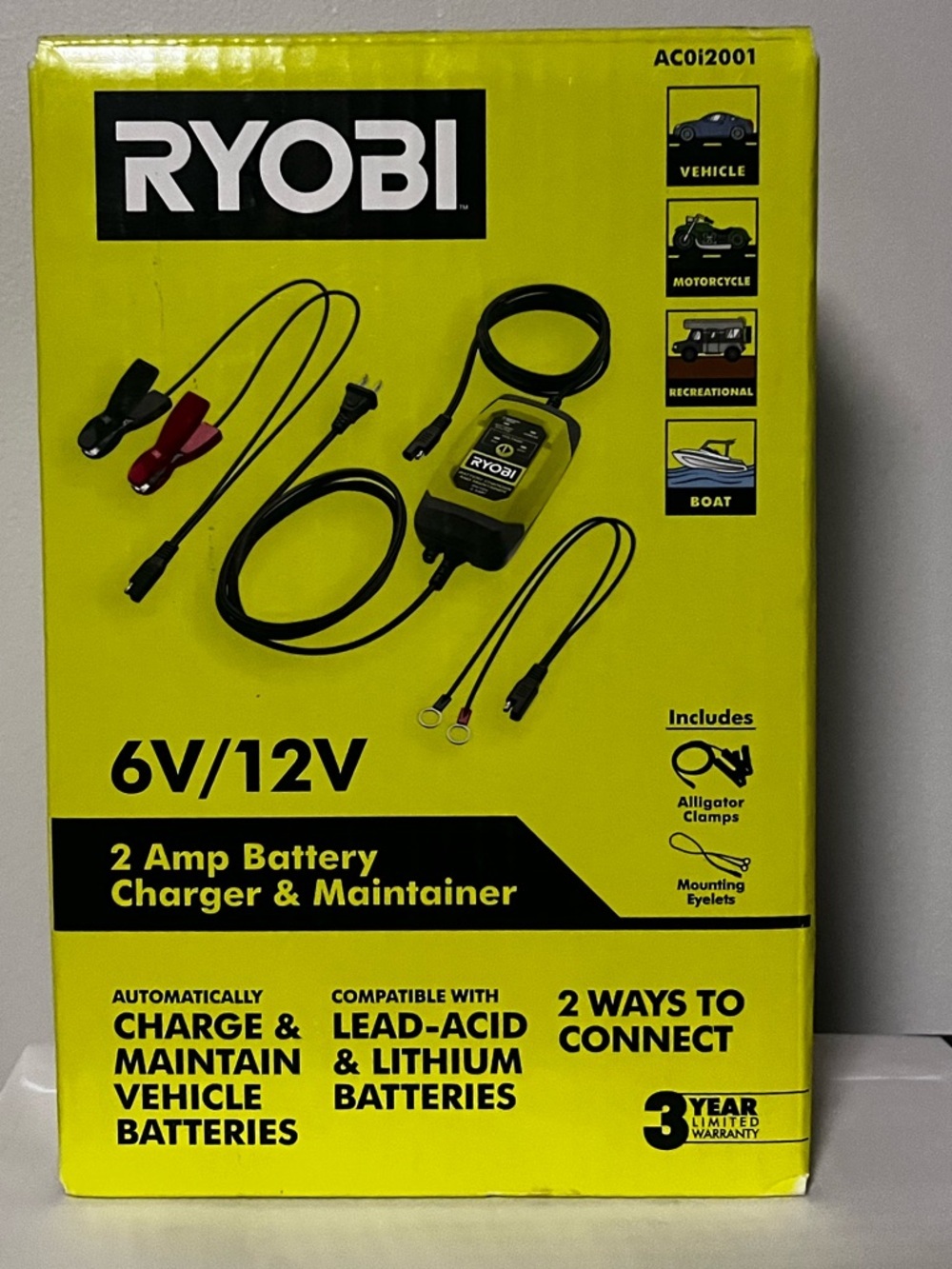 RYOBI 6V/12V 2 Amp Battery Charger & Maintainer - Yellow/Black